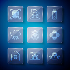 Set line House with eye scan, System bug, Cyber security, USB flash drive, Shield WiFi wireless, Internet of things, Fingerprint and Processor microcircuits CPU icon. Vector