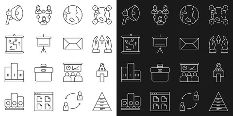 Set line Pyramid chart infographics, Stage stand or tribune, Growth progress, Earth globe, Chalkboard, Planning strategy concept, Megaphone and Envelope icon. Vector