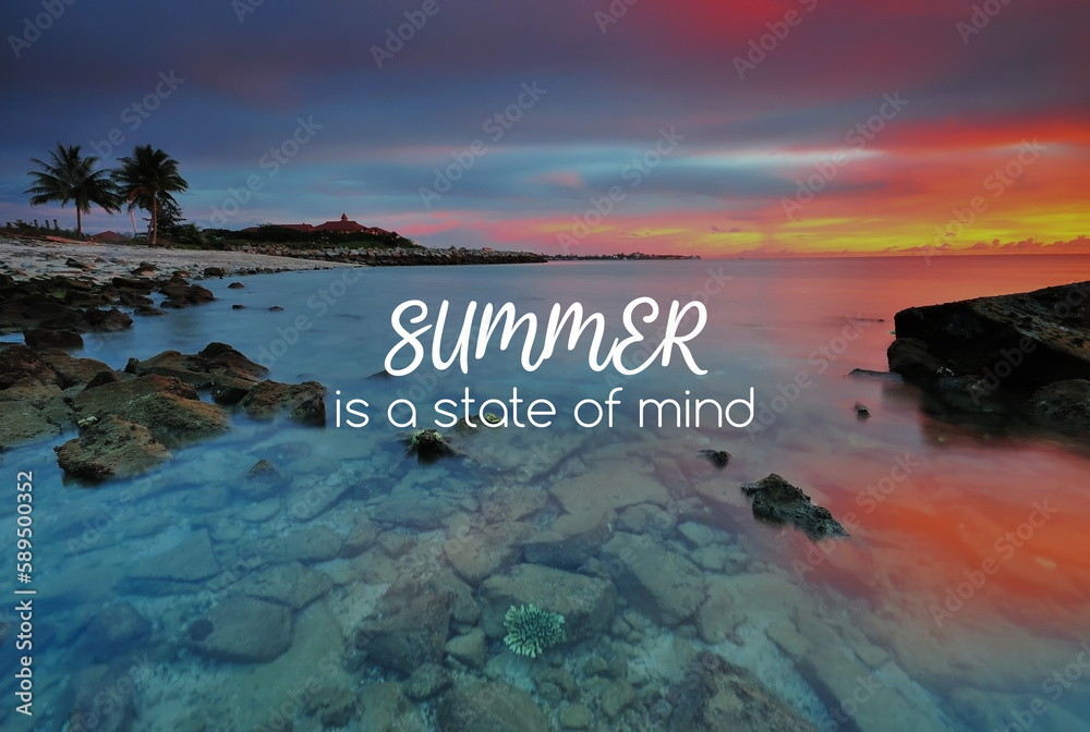 Wall mural beach sunset background with inspirational text - summer is s state of mind