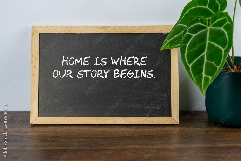 Wall mural inspirational quote text home is where our story begins on mini chalk board