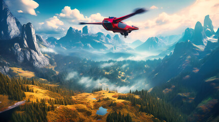 Fototapeta na wymiar A stunning view of a futuristic flying car, zooming across the sky above a breathtaking natural landscape