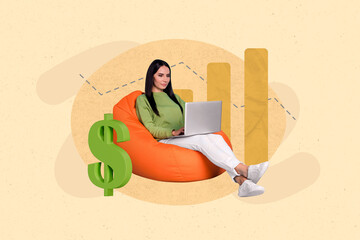 Creative image template collage of business lady sitting bean bag chair analyze company financial...