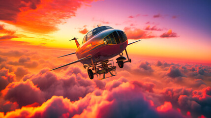 Fototapeta na wymiar A mesmerizing view of a futuristic flying car, hovering above the clouds at sunset