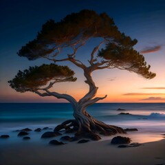 A beautiful tree in the evening at the beach with dim sunlight in the sky - Created with Generative AI Technology