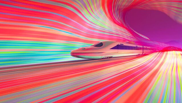 Fast Modern High-Speed Train Passing Through Surreal Rainbow Landscape