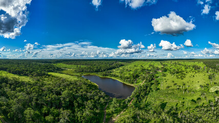 Aerial of a lake near the Santa Ana Mission, Jesuit Missions of Chiquitos, Santa Cruz department, Bolivia