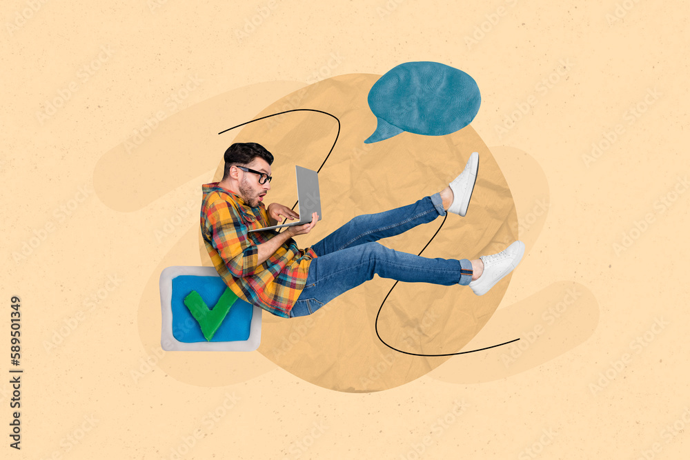 Poster Creative collage picture of working guy fly use netbook complete task check mark dialogue bubble isolated on beige background