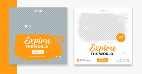 Creative Travel social media post design, holiday vacation square post template, hotel online post vector, happy journey carousel