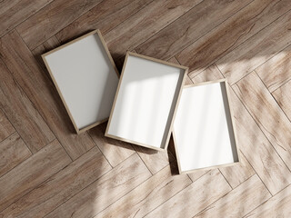 blank photo frame on wooden background, 3d render