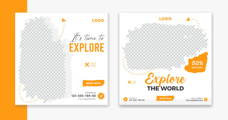 Creative Travel social media post design, holiday vacation square post template, hotel online post vector, happy journey carousel