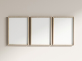 Frame mockup in boho minimalist interior, three vertical frames, 3d render