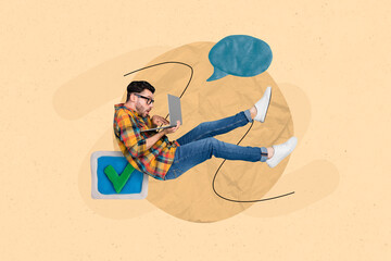 Creative collage picture of working guy fly use netbook complete task check mark dialogue bubble...