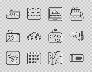 Set line Route location, Cruise ticket, ship, Calendar, Beach pier dock, Binoculars, Folded map and Diving mask and snorkel icon. Vector