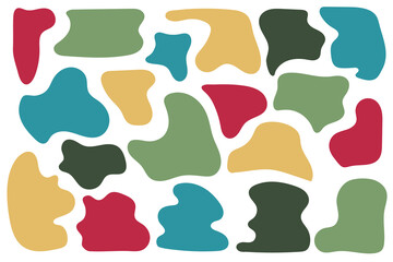 Irregular shapes of amorphous liquid, multicolored spots of organic liquid, a simple spot highlighted on a white background. Abstract spots on a white background. Flat style design, vector 