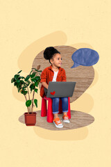 Vertical collage image of positive little girl sit chair use netbook dialogue bubble houseplant...