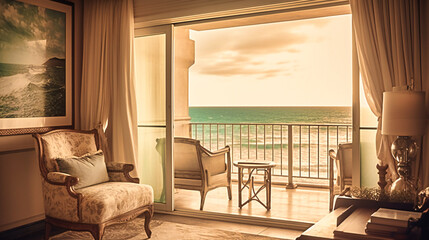 A luxury hotel suite with a balcony overlooking a pristine beach