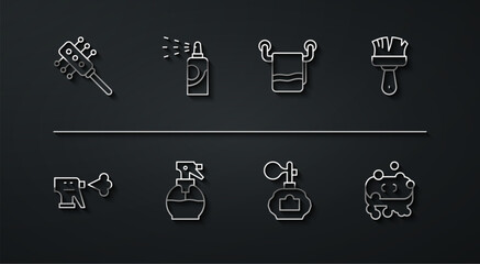 Set line Hairbrush, Hairdresser pistol spray bottle, Shaving, Aftershave, Spray can for hairspray, Bar of soap with foam and Towel on hanger icon. Vector