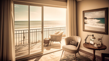 Fototapeta premium A luxury hotel suite with a balcony overlooking a pristine beach