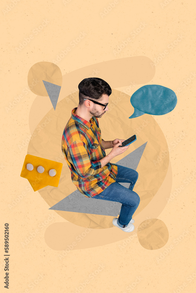 Poster vertical collage image of blogger guy use smart phone chatting dialogue bubble isolated on creative 