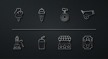 Set line Cotton candy, Striker attraction with hammer, Cannon, Ticket box office, Paper glass water, Ice cream in waffle cone, Circus ticket and Unicycle or wheel bicycle icon. Vector