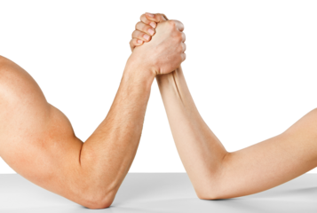 A man and woman with hands clasped arm wrestling Isolated