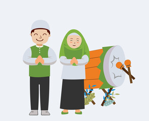 cute boy and girl moslem celebrating eid mubarak with bedug drum percussion cartoon vector illustration