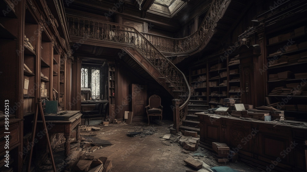 Sticker A haunted abandoned library with twisted foreboding Generative AI