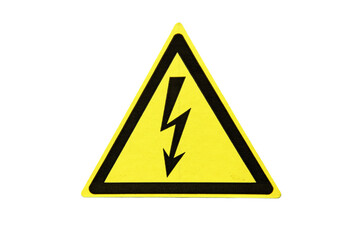 Yellow electrical hazard sign, isolated on a white background. Danger symbol with electric lightning