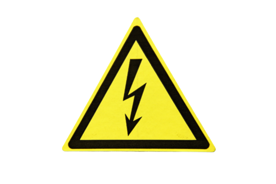Yellow electrical hazard sign, isolated on a white background. Danger symbol with electric lightning