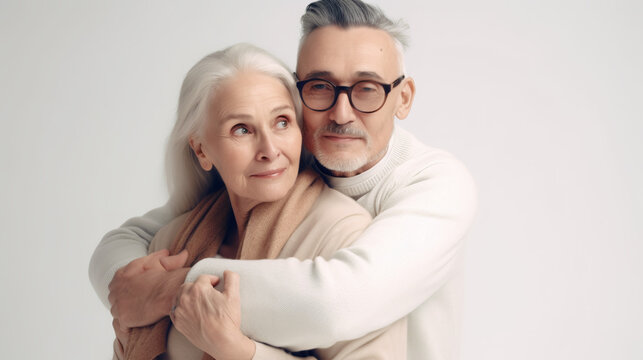 Adult man hugging his elderly mother. Happy senior woman and loving son. Generative AI.