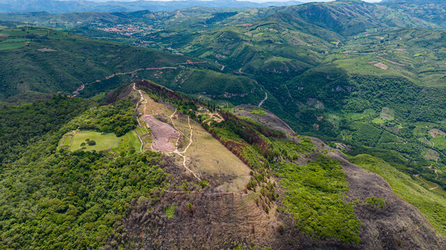 Aerial of El Fuerte de Samaipata, Pre-Columbian archaeological site, UNESCO World Heritage Site, Santa Cruz department, Bolivia