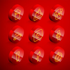 Set line Lighter, Mountains, Hiking backpack, Swiss army knife, Moon and stars, Wrist watch, Flashlight and Marshmallow stick icon. Vector