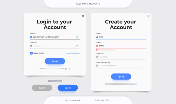 Set of Sign Up and Sign In forms. Registration and login forms page. Website or App account connexion page with email, and password. Modern web design mockup vector
