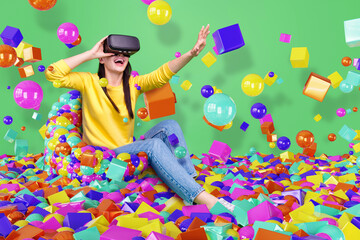 Fototapeta premium Creative collage picture of amazed cheerful girl experiencing virtual reality goggles interactive futurism colorful bubbles objects