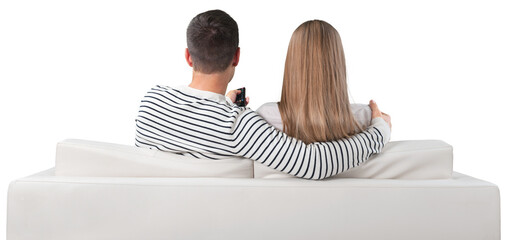 Couple sitting on couch, back view,isolated on white