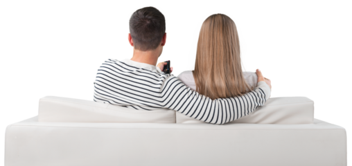 Couple sitting on couch, back view,isolated on white