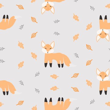 Seamless pattern with a cute red fox and orange leaves and twigs on a light background, childish animal print, digital hand drawing.