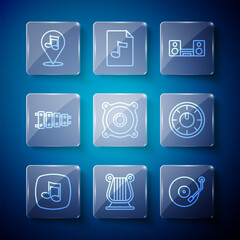 Set line Music note, tone, Ancient Greek lyre, Vinyl player, Home stereo with two speakers, Stereo, Xylophone, Location musical and Sound mixer controller icon. Vector