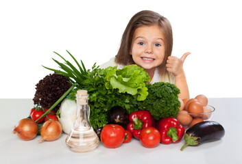 Fototapeta na wymiar Little girl with healthy food showing thumb up