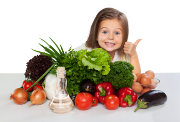 Little girl with healthy food showing thumb up