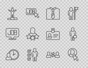Set line Work time, Worker, Tie, Resume, Productive human, Exchange work and Businessman icon. Vector
