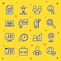 Set line Worker, location, Magnifying glass for search job, Exchange work, Leader of team of executives, Project base, Resume and Man holding flag icon. Vector