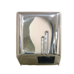 Metal hand dryer on the tiled wall, isolated on a white background. Hot air for drying hands on the...