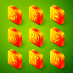 Set line Globe and people, Identification badge, Search job, Worker, Multitasking manager working, Human with gear and Man holding flag icon. Vector