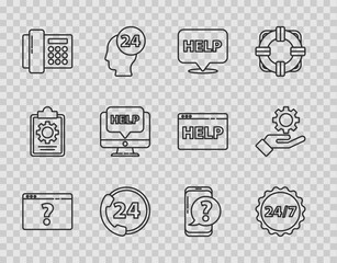Set line Browser with question mark, Clock 24 hours, Speech bubble text Help, Telephone support, Computer monitor and help, Mobile and Settings in the hand icon. Vector