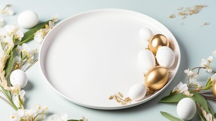 Easter, spring seasonal holiday - eggs rustic composition around white plate