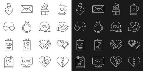 Set line Broken heart or divorce, Two Linked Hearts, hand, Gift box with hearts, Wedding rings, shaped love glasses, Bottle potion and Speech bubble text I you icon. Vector