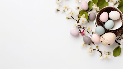 Easter, spring seasonal holiday - eggs rustic composition on white background