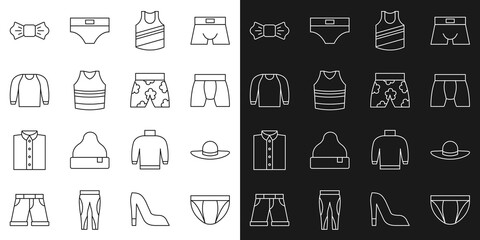 Set line Men underpants, Elegant women hat, Undershirt, Sweater, Bow tie and Swimming trunks icon. Vector