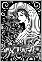 beautiful woman with long gorgeous hair - black and white vector portrait
